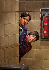 Raj and Howard spying on Sheldon.