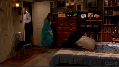 Amy running to Sheldon's bed to lie down to get over a panic attack.
