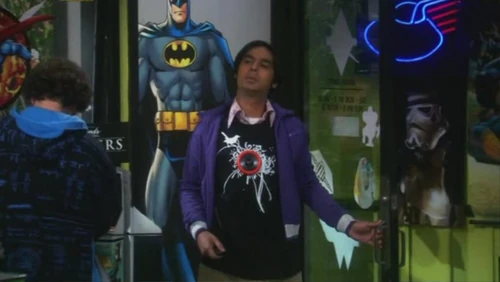 Raj walking in playing Darth Vader music from his shirt.