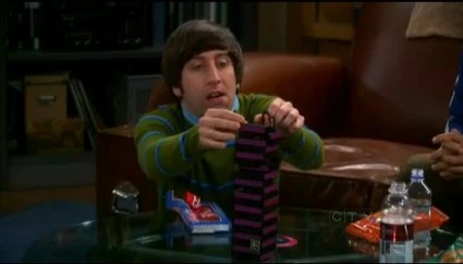 Howard playing Donkey Kong Jenga blocks.