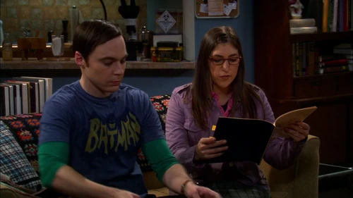 Amy reading out the terms in the Relationship Agreement as Sheldon prepares his notary stamps.