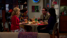 Howard and Bernadette having dinner with Leonard and Priya.