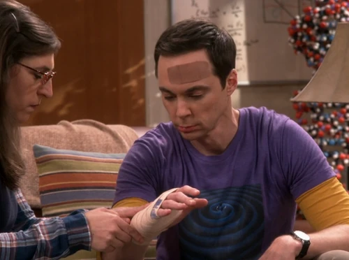 Sheldon's injured hand.