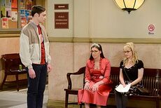 Sheldon, Amy and Bernadette waiting for the justice of the peace at city hall.