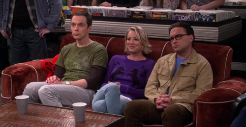 Sheldon, Penny and Leonard watching Raj and Howard play their song.