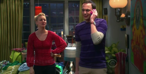 Sheldon talking to his mother after Penny "broke" him.