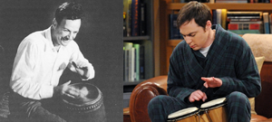 Feynman and Sheldon playing the bongos.png