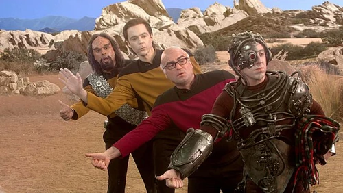 Star Trek characters hitch hiking.