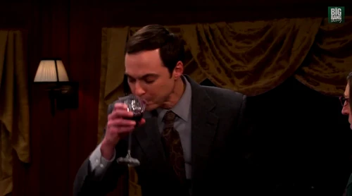 Sheldon drinking wine. Grape juice that burns.