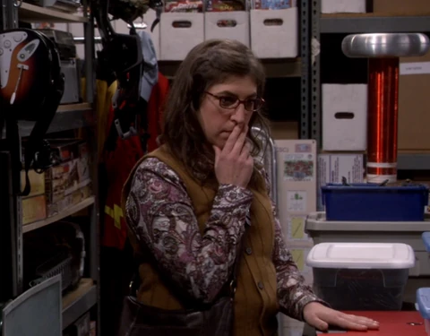 Amy in shock after learning about Sheldon's pack rat obsession.