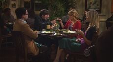 Leonard and Penny having dinner with Howard on his first date with Bernadette.