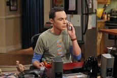 Sheldon on the phone at his desk.