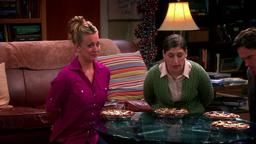 Kaley breaking the fourth wall and looking at the audience just before she jams her face into a pie for the sake of her art.