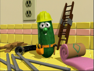 Larry, still confused, welcomes the audience to the very first Veggietales Home Improvement video.
