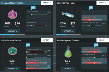 A typical ingredient display. Green bars (all inactive in this image) represent cures, red bars are side effects. A catalyst (type 3) can be seen as the fourth effect of the ingredient on the lower left.