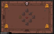 A diamond of rocks with a pile of poop on the left, surrounding a random item. Four spots of Fire take the corners of the room.