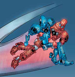 Vakama salvando a Nokama usando su Lanzador de Discos como Jetpack