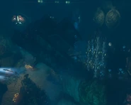 The sunken ship amongst the rubble.