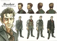 Concept art of Booker's face and early outfits.