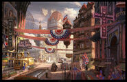 Concept art for a Columbia Town Square, in a festive mood, by Shaddy Safadi.