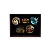 Real-world Youtooz BioShock pin set, featuring the Plasmid bottle and Electro Bolt's icon.