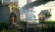 Early mockup for a level in Finkton, possibly Shantytown, referred to as "Fink Level". By Calen Brait.