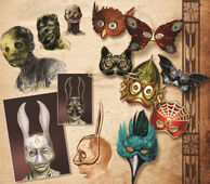 A collection of concept art showing the evolution of the Splicer's masks.