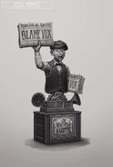 News paper boy concept art, nicknamed the "Newsie" (The concept idea was replaced by an actual boy).