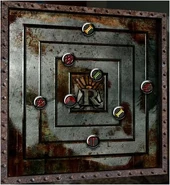 The cipher buttons on level one of the Metal Box Puzzle.
