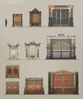 Various concepts for location specific doors, the top row being for the Town Center.