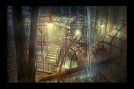 Concept art for an observation catwalk in a forest.