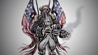Concept art of the Motorized Patriot holding a Peppermill Gatling gun.