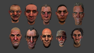 More faces. Of note of is the one on the bottom left which seems to have been the basis for the final version of the Handyman.