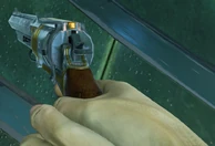 Private Investigator Booker DeWitt holds his Art Deco revolver in Burial at Sea - Episode 1.