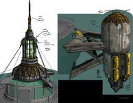 Concept art for the beacon and engines on Sinclair's Lifeboat.