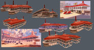 Concept art and models for the Battleship Bay boardwalk.