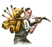 Art for the crossbow Splicer, with a teddy bear on his back.