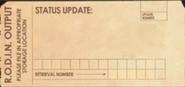 An example blank punched card of The Thinker's output featuring retrieval and update numbers and a place for Status Update messages.