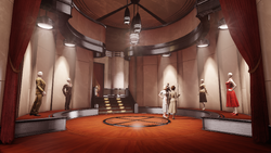 Mannequins arranged like models on a runway.