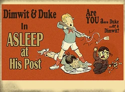 A poster for the Dimwit and Duke cartoon "Asleep at His Post