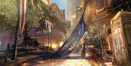 Concept art by Ben Lo. McNulty's is seen to the right between the banner and the carriage.