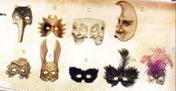 Concept art for the masks in BioShock 2 Multiplayer. The Demon, Sun God, Tragic Comedy, Moon, Octopus, Rabbit, Indigo Feather, Peacock Feather, and Pink Feather mask.