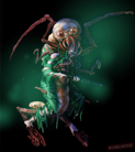 A grub-like creature growing out of a Splicer, and it is still able to use a weapon.