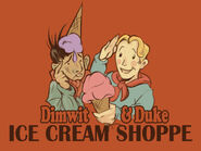 An early design of the Dimwit & Duke Ice Cream Shoppe marque (note the Duke's face), by Laura Zimmermann.