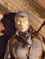 A soldier wearing a mask with glowing eyes.