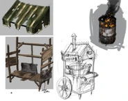 Concept art for an awning, a burning barrel and stands.
