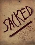 The "Sacked" sign on Scofield Sansmark's body.