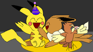 Pikachu throws a PokeCelebration, with Eevee and Pidgey invited.