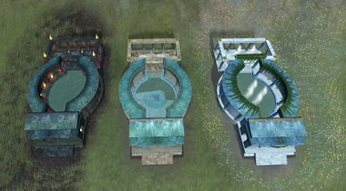 The Bathhouse front and above view in different alignments 