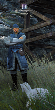 Light blue clothes with a white llama baby next to him.